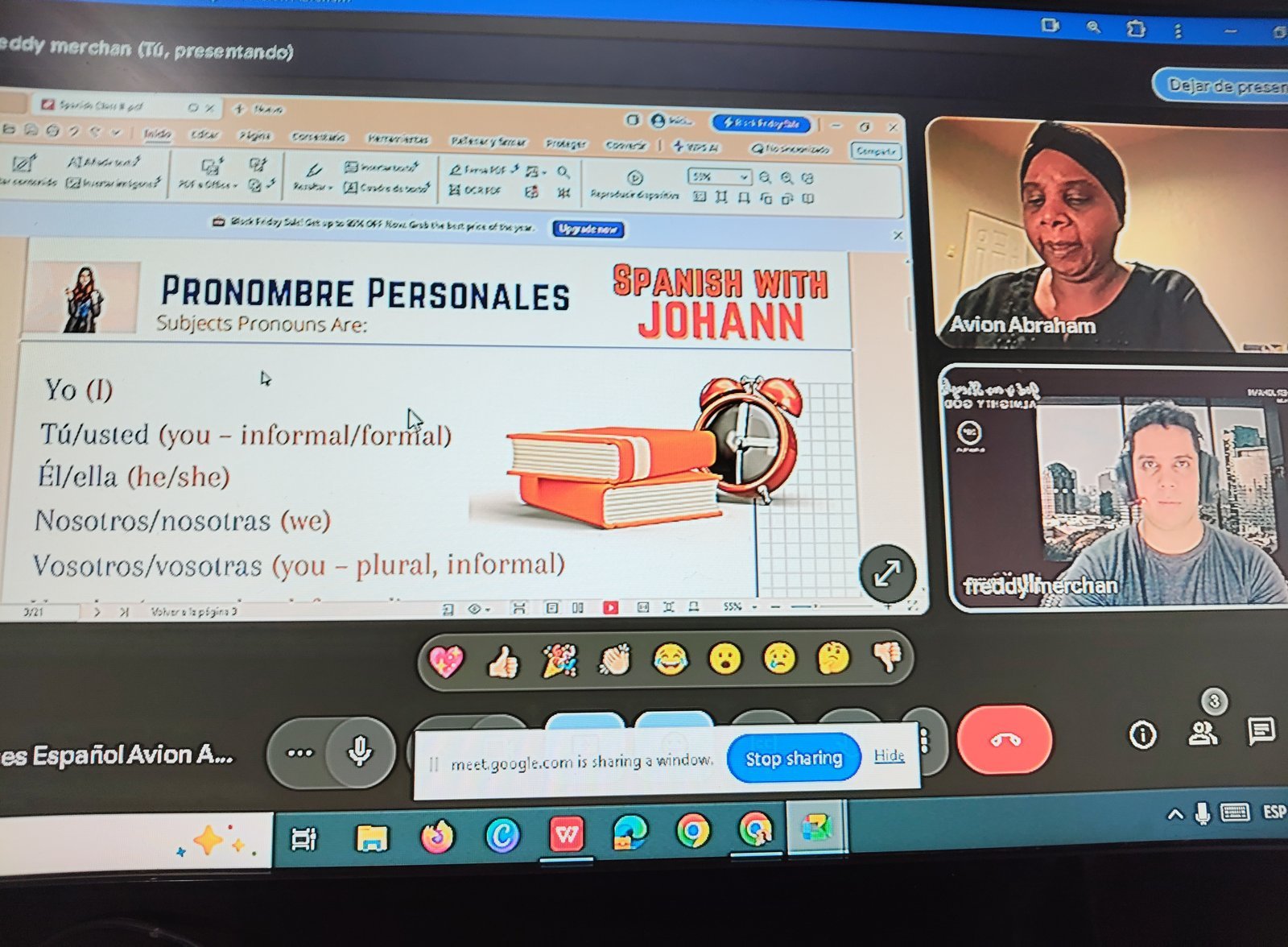 Live Spanish class on Google Meet with Johann